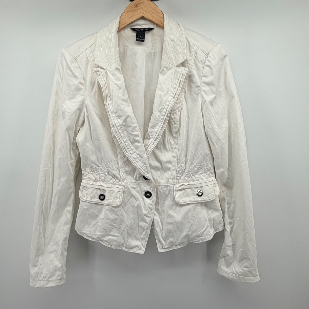 White House Black Market Blazer Womens 6 White Button Front Pleated Trim Career